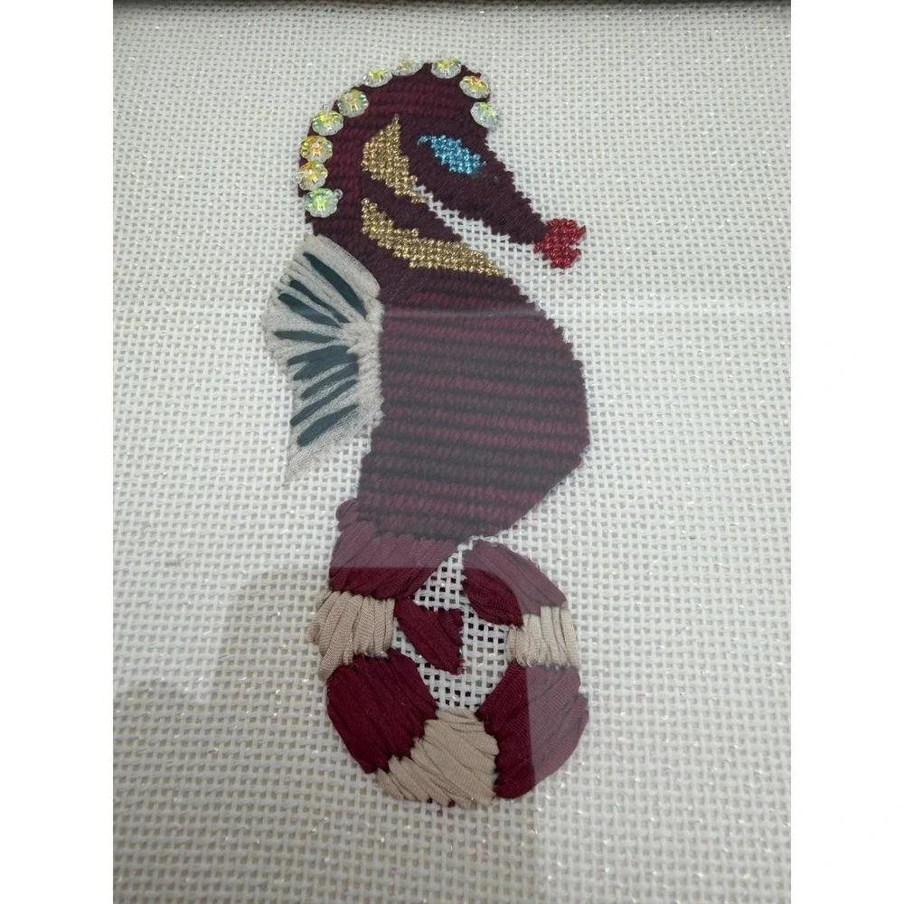 Vintage Wood Jewelry‎ Keepsake Box Seahorse Needlepoint Sequins Nautical Decor